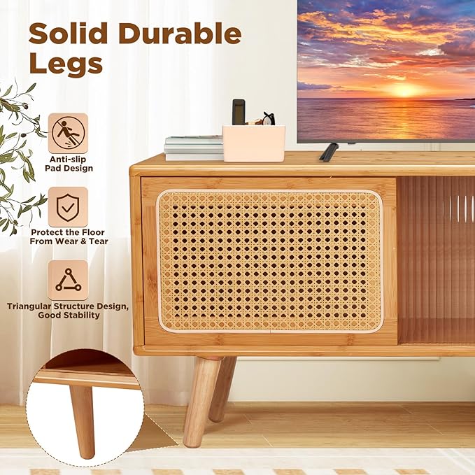 Rattan Boho TV Stand for TVs up to 65 inch, Entertainment Center with Rattan Door, Height-Adjustable Shelves & 4 Cabinets & Drawers, Long Boho Media Console for Living Room, Natural