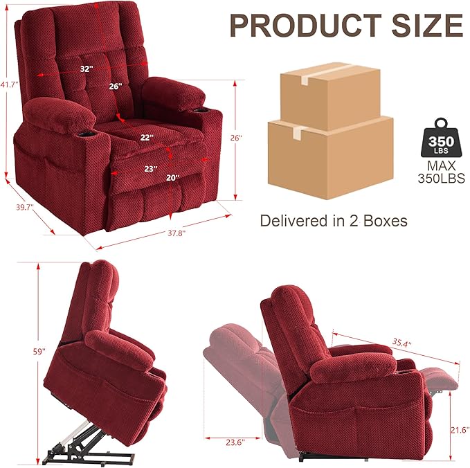 SALOHZA Power Lift Recliner Chair for Elderly with Massage and Heat for Living Room, Electric Recliner Chair for Adults with USB/Type C Port/Cup Holders, Velvet Fabric, Burgundy
