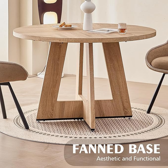 47" Round Dining Room Table Set for 4, [Fanned Base] [1.38" Thick Top] Wood Kitchen Table with 4 Swivel Dining Chairs