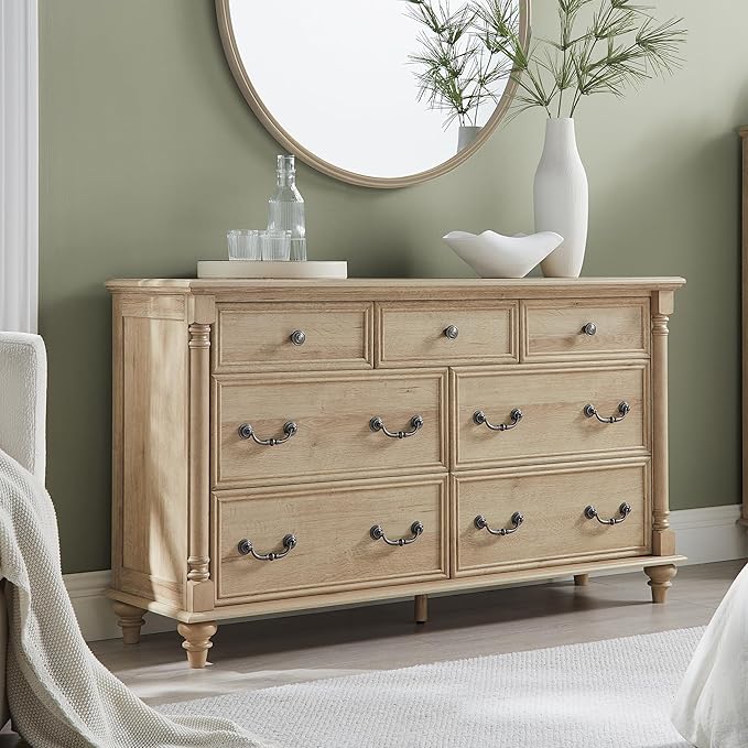 T4TREAM Farmhouse 7 Drawers Dresser Chests for Bedroom with 4 Solid Wood Feet, Tall Wide Wood Country Rustic Chest of Drawers, Storage Dressers for Bedroom, Living Room,Natural Oak