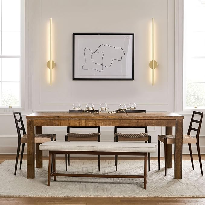 Battery Operated Modern Wall Sconces,Dimmable Wireless Wall Light Set of Two with Remote Control,3 Color Temperatures,Rechargeable LED Wall Sconce for Bedroom,Living Room,Hallway,27.6 Inch,Matte Gold