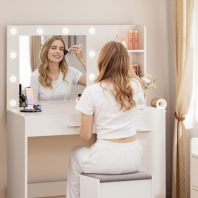 JUMMICO 35.4" Vanity Desk with LED Mirror & Power Outlet, Makeup Vanity Table with 3 Open Storage Shelves, Drawers and Cabinet, 3 Model Adjustable Lights for Bedroom & Dressing Room (White)