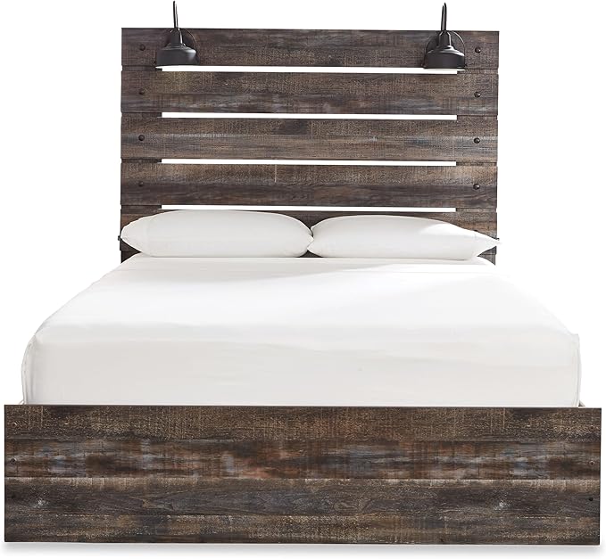 Signature Design by Ashley Drystan Rustic Queen Panel Bed, Sconce LED Lights, USB Ports and Nailheads, Foundation or Box Spring Needed, Dark Brown & Gray