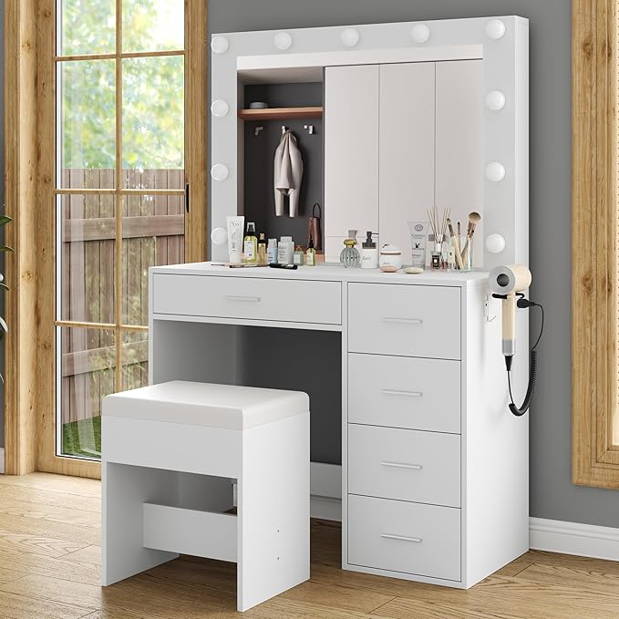 37" W Vanity Desk with Power Outlet, Makeup Vanity with Mirror and Lights, 3 Lighting Modes, Vanity Table with Chair for Bedroom, Dressing Room Studio, White
