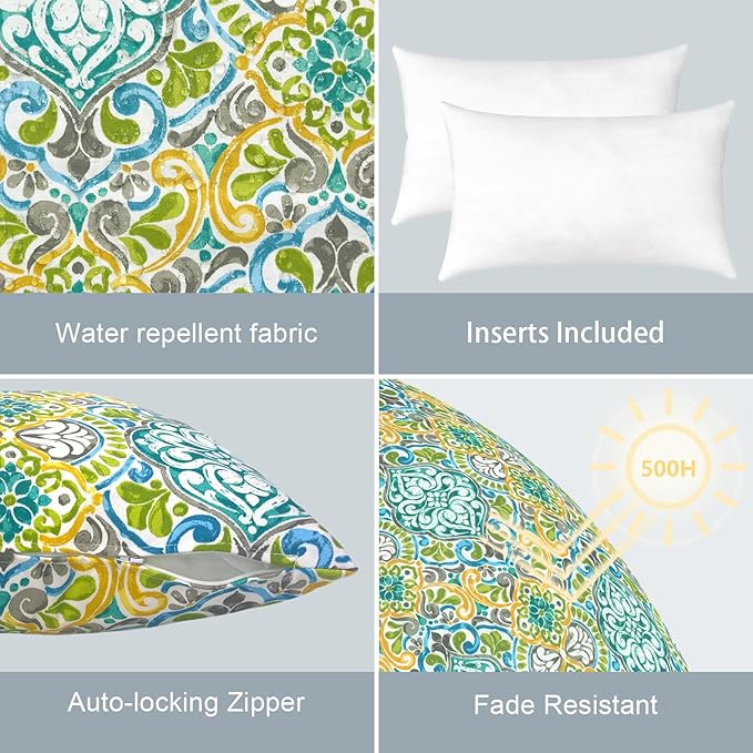 LVTXIII Outdoor/Indoor Lumbar Pillows, Decorative Patio Lumbar Cushions, Fluffy Water Repellent Garden Cushions for Home Patio Coach Sofa Use, 12×20 Inch, Pack of 2, Damask Green