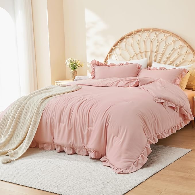 Litanika Full Size Comforter Sets, 3 Pieces Blush Pink Ruffle Girls Women Cute Bedding Comforters & Sets, Lightweight Fluffy Microfiber as Gift (79x90In Comforter & 2 Pillowcases)
