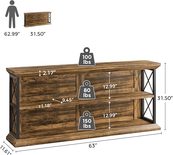 63 Inch Long Console Tables for Entryway with 3-Tier Storage, Wooden Sofa Table Behind Couch for Living Room Hallway, Entry, Brown