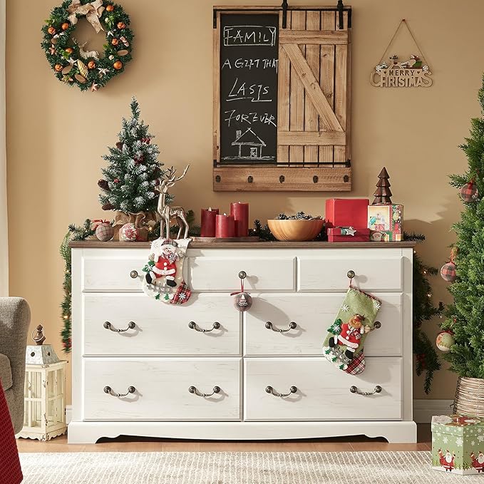 AMERLIFE 7 Drawers Dresser for Bedroom, Farmhouse Chest of Drawers with Vintage Metal Handle, Wooden Dresser Organizer for Hallway, White+Barnwood