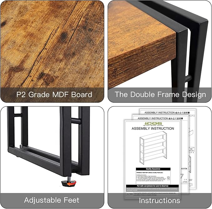 HCHQHS Bookshelf,4-Tier Industrial Bookcase,Rustic Wood and Metal Open Display Book Shelves Home Office,Bedroom Standing Shelf Unit,Horizontal Kitchen Shelf Organizer,Bathroom Storage Rack 47in