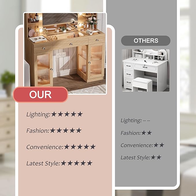 Makeup Vanity with Glass Top, Oak Vanity Desk with Mirror and Lights, Big Vanity with Drawers & Cabinets for Bedroom, Cute Vanity with Crystal Knobs & Power Outlet for Women, Girls