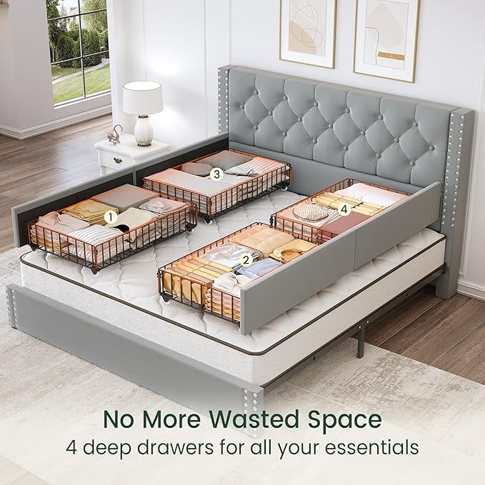 Queen Size Bed Frame Upholstered Platform Bed with 4 Storage Drawers and Tufted Headboard Velvet Bed Frame with Heavy Duty Wood Slats, No Box Spring Needed, Easy Assembly, Bluish Grey