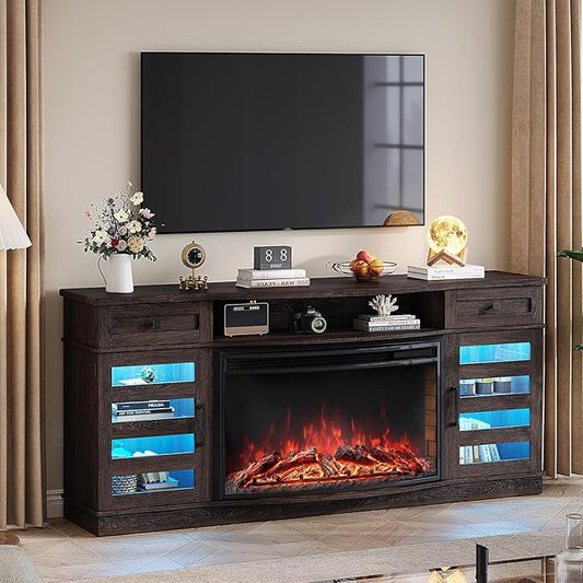 Farmhouse Curved Fireplace TV Stand, 70" LED Light Entertainment Center Table with 36'' Upgrade Electric Fireplace TV Console Cabinet for TVs Up to 80", Dark Walnut