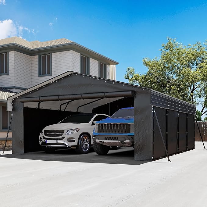 20 x 20FT Heavy Duty Metal Carport, Outdoor Carport with Galvanized Steel Frame and Roof, Multi-Use Car Shelter with Removable Sidewalls for 2 Cars, Pickup, Tractors, Gray