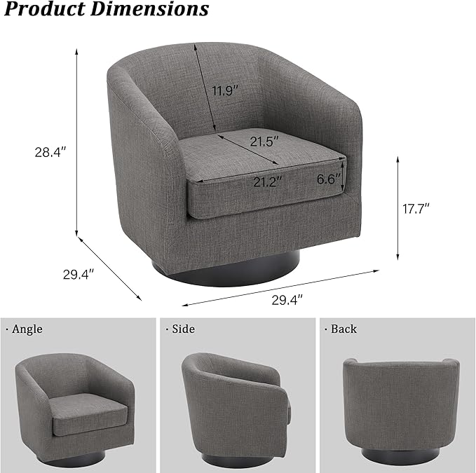 Swivel Barrel Accent Chair, Modern Round Linen Arm Chair for Living Room, Bedroom, Comfy Club Reading Chairs for Adults（Linen Fabric, Grey, Set of 4