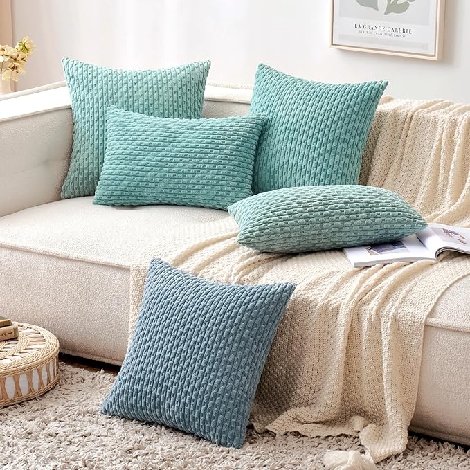 MIULEE Throw Pillow Covers Soft Corduroy Decorative Set of 2 Boho Striped Pillow Covers Pillowcases Farmhouse Home Decor for Couch Bed Sofa Living Room 12x20 Inch Aqua Green
