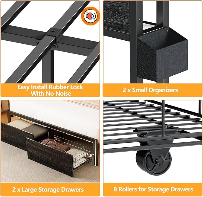 Furnulem Full Size Bed Frame with Wood Headboard, Metal Platform Bed Frame Full Size with 2 Storage Drawers and Shelf, LED Lights and Charging Station, No Box Spring Needed, Noise Free, Black