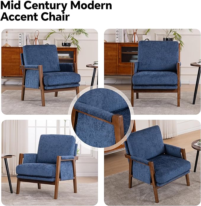 Mid Century Modern Accent Chair with Wood Frame, Upholstered Living Room Chairs with Wide Armrest, Chenille Fabric Lounge Reading Arm Chair for Bedroom, Reading Room, Balcony, Navy