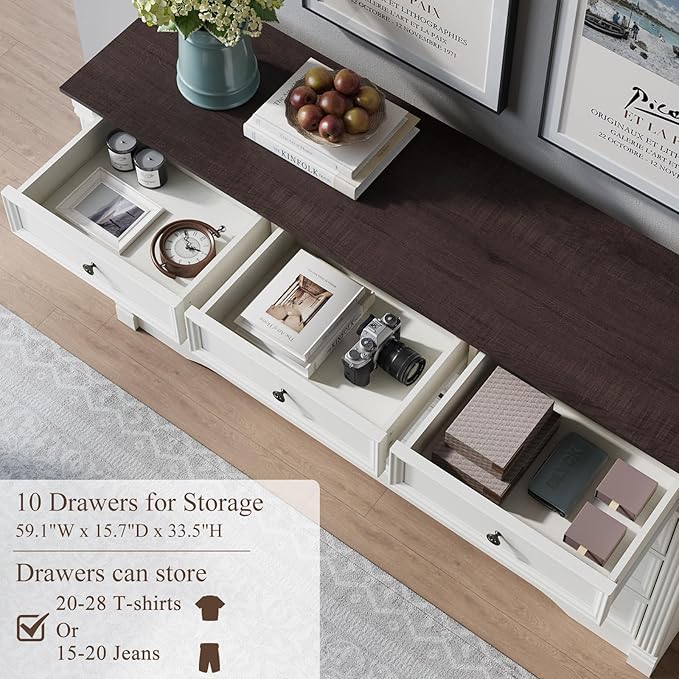 Yaamizz Farmhouse Dresser for Bedroom, 60" Wide 10 Drawer Dresser Storage with Wood Pilasters & Metal Handles, Vintage Design, Drawer Organizer for Bedroom, Hallway, White