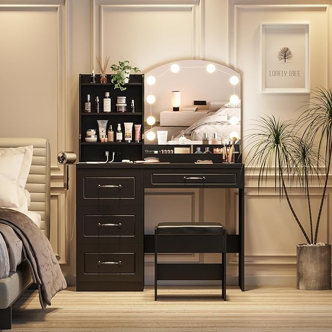 Makeup Vanity Table with Lighted Mirror & Power Strip, Vanity Set with Hair Dryer Rack, Lots Storage, 3 Lighting Modes, Brightness Adjustable, Black