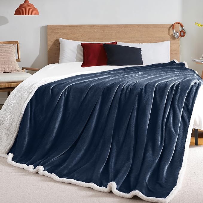 BEAUTEX Sherpa Fleece Throw Blankets, Soft Fluffy Flannel Plush Blanket and Throw, Fuzzy Cozy Blue Cuddle Blankets for Couch Bed Sofa Adults (50" x 60", NavyBlue)