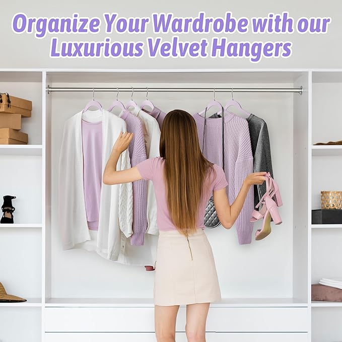 Velvet Hangers 50 Pack – Slim Non-Slip Flocked Hangers with 360° Swivel Hook, Space-Saving Closet Organizer for Dresses, Coats, Blouses(Purple)