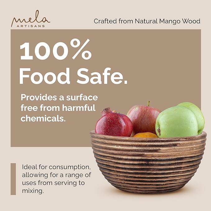 Mela Artisans Wooden Fruit Bowl | Dark Burnt Finish | 9” Decorative Mango Wood Serving Bowl | Multipurpose for Kitchen Countertop | Salad | Snacks | Fruit | Breads & More | Natural Grain Look