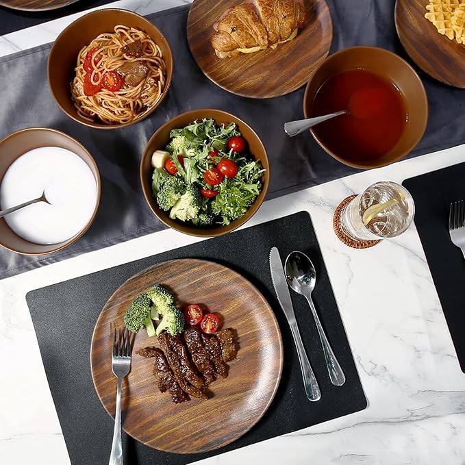 TP 18-Piece Dinnerware Set, Melamine Dishes Set with Bowls and Plates, Service for 6, Non-breakable Lightweight Dining Tableware, Rosewood Grain