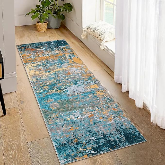 Modern Abstract 2x10 Rug Washable Rug Non Slip Stain Resistant for Bedroom Living Room Non Shedding Low Pile Indoor Floor Cover,Multi Color