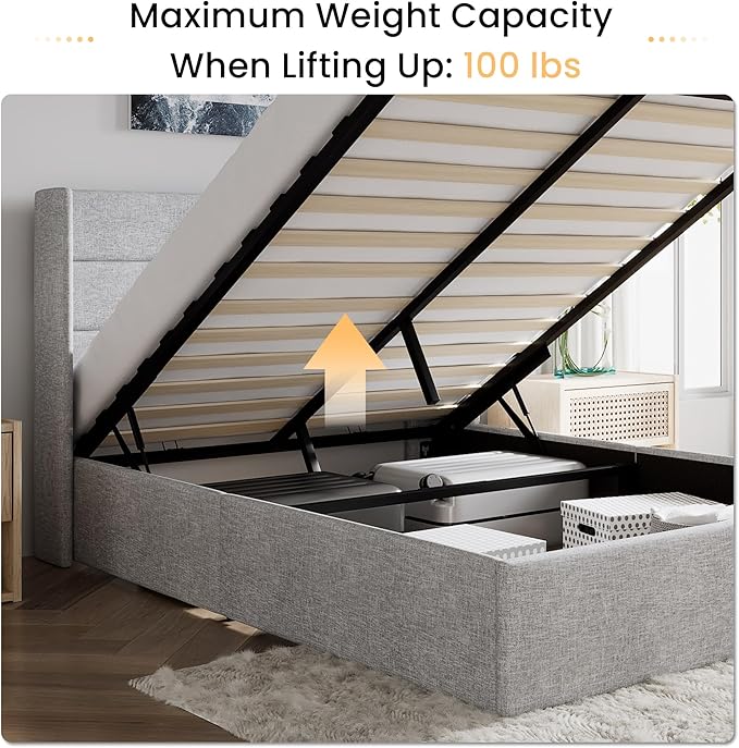 SHA CERLIN Queen Size Lift Up Storage Bed/Modern Wingback Headboard/Upholstered Platform Bed Frame/Hydraulic Storage/No Box Spring Needed/Wood Slats Support/Light Grey