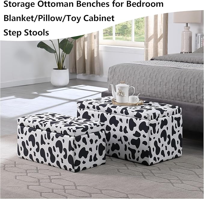 Storage Ottoman Bench with 2.56-inch Thick Seat, 31.5 inch Nesting Ottoman Set of 2, Hinged Flip Top Bench with Storage for Living Room, Bedroom, Cow Print