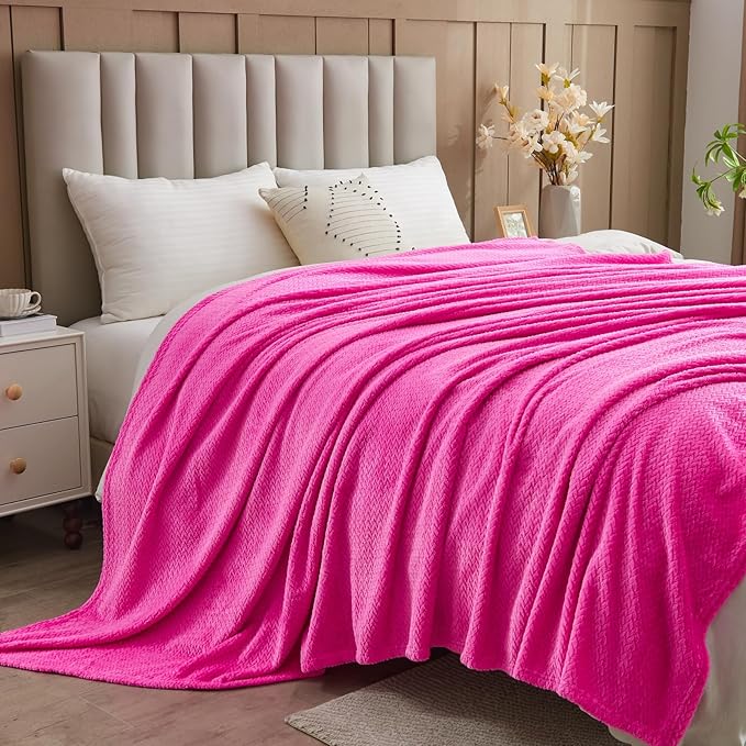 NEWCOSPLAY Super Soft Throw Blanket Hot Pink Premium Silky Flannel Fleece Leaves Pattern Lightweight Bed Blanket All Season Use (Hot Pink, Throw(50"x60"))