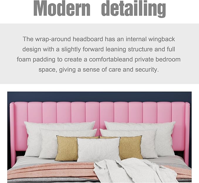 Upholstered Platform Twin Size Bed Frame with Headboard Wooden Slats Support No Noise Easy Assembly Pink Velvet