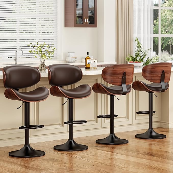 Swivel Bar Stools for Kitchen Counter, Adjustable Bentwood Barstools, Modern PU Leather Upholstered Bar Stool with Back and Footrest, for Bar, Kitchen, Dining Room (Brown 1PCS)