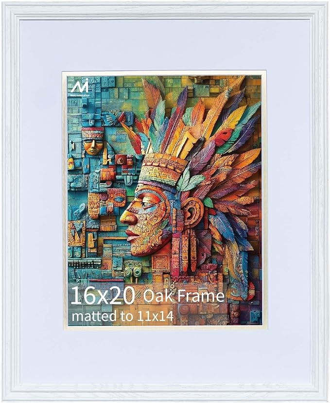16x20 Picture Frame for Wall Hanging Solid Oak Wood, 11x14 Picture Frame with Mat,16x20 Premium Photo Frame with Real HD Tempered Glass,Ideal for Home Decor, Art Gallery,White, 1 Pack