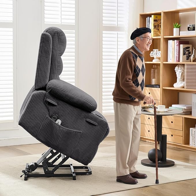 Power Lift Recliner Chair for Elderly, Living Room Massage & Heat, Small Spaces Useage or RV Single Sofa for Adults, 135° Reclining Accent Chairs, 2 Cup Holders and Side Pockets (Corduroy Gray)