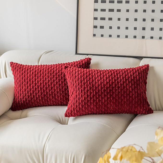 Kevin Textile Lumbar Throw Pillow Covers Ultra Soft Solid Striped Corduroy Rectangle Christmas Pillow Cover for Sofa 12 x 20 inch Burgundy 2 Pieces