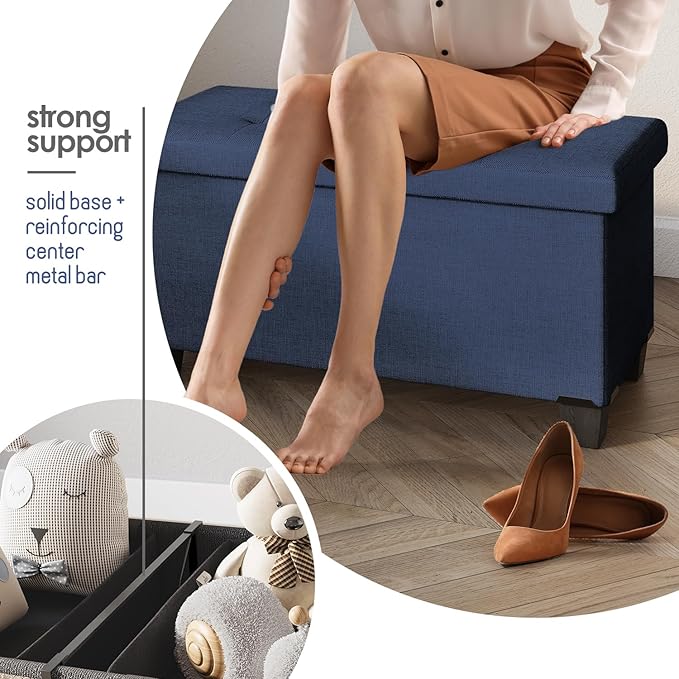 STORAGEBUD Storage Ottoman Bench with Bins, 30-in Storage Bench for Bedroom End of Bed, Folding Foot Rest Ottoman for Living Room Max 660lbs, Fabric Ottomans, Blue