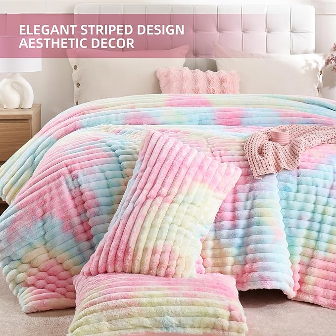 Smoofy Fluffy Twin Comforter Sets 2 Pieces - Rainbow Fleece Fluffy Comforter Set, Luxury Fuzzy Twin Bedding Set, Soft Warm Comforter All Season, Heavy Faux Fur Comforter with Pillow Cases