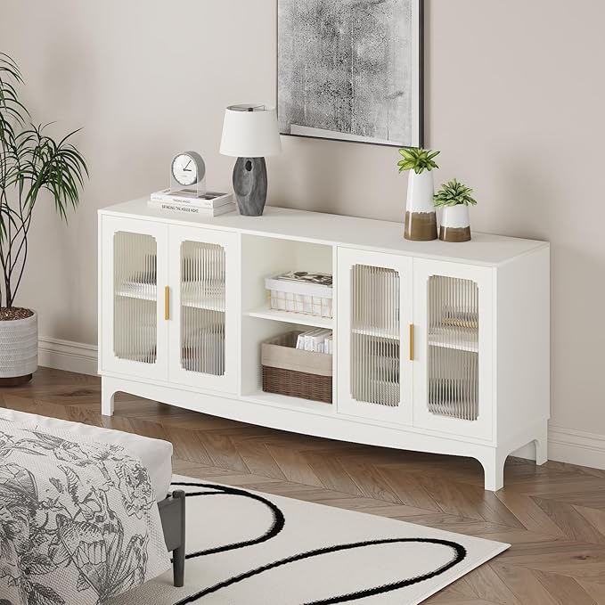 65 Inch White TV Stand for TVs up to 70+ inch, Mid Century Modern Glass Door TV Console Table, Entertainment Center with Storage Cabinet, Wood Media Console for Bedroom, Living Room (White)