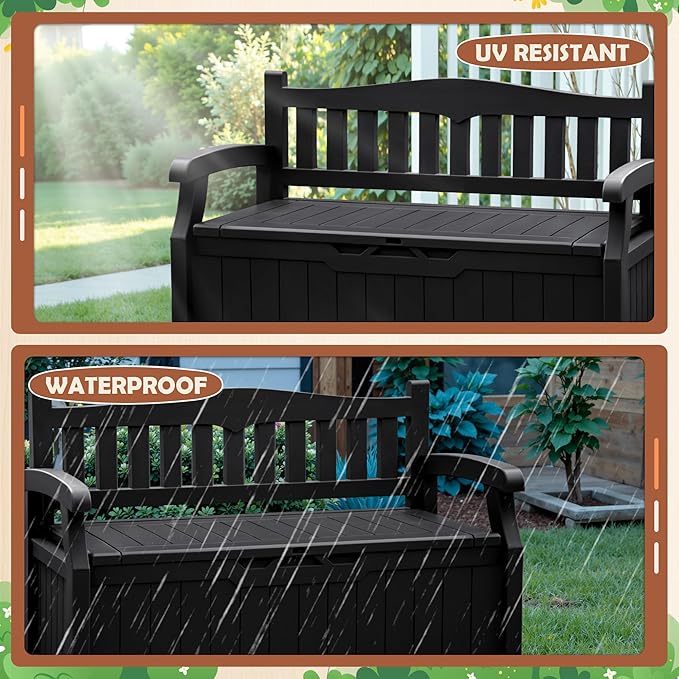 JUMMICO 80 Gallon Resin Outdoor Storage Bench, Large Deck Box with Armrest, Lockable & Waterproof for Garden, Home, Patio, Pools (Black)
