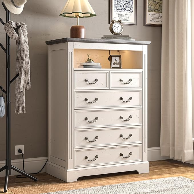 EnHomee Farmhouse 6 Drawer Dresser for Bedroom LED Light & Power Outlets, 48" H Wood Dressers & Chests of Drawers with Natural Texture, Hallway, Antique White