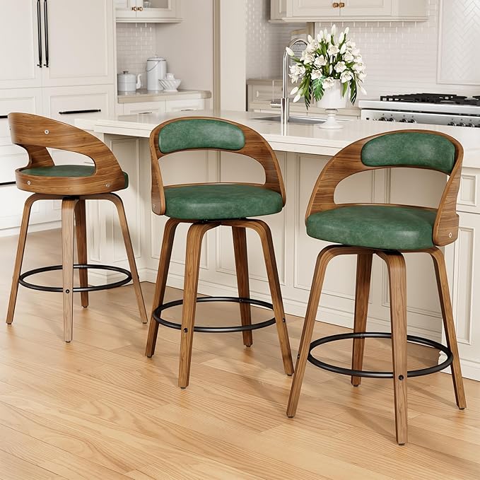 Swivel Bar Stools Set of 1, 26" Counter Height Bentwood Barstool, Mid-Century Modern PU Leather Upholstered Bar Chair with Back and Footrest, for Kitchen Island, Bar, Cafe, Dining Room, Green