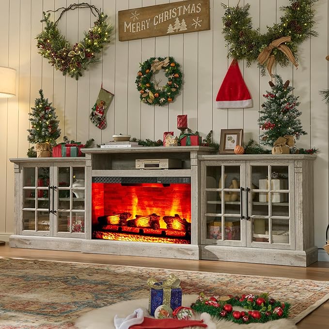 AMERLIFE 97" Farmhouse Fireplace TV Stand, Entertainment Center with Large Storage Space and Adjustable Shelf, Media Console for Living Room, Light Grey