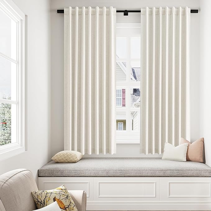 Cream Linen Blackout Curtains 63 Inch Length 2 Panels Set for Living Room Bedroom Back Tab Thermal Insulated 100% Black Out Linen Drapes Room Darkening Window Curtains 63 Inches Long Ivory Natural