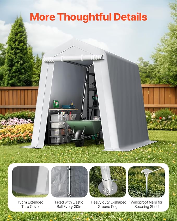 VEVOR 6x8x7 FT Portable Outdoor Storage Shed, Heavy-Duty Waterproof Shelter with Roll-Up Zipper Door & Vents, UV-Resistant Carport for Motorcycle, Bike, Lawn Mower, Tools �Gray