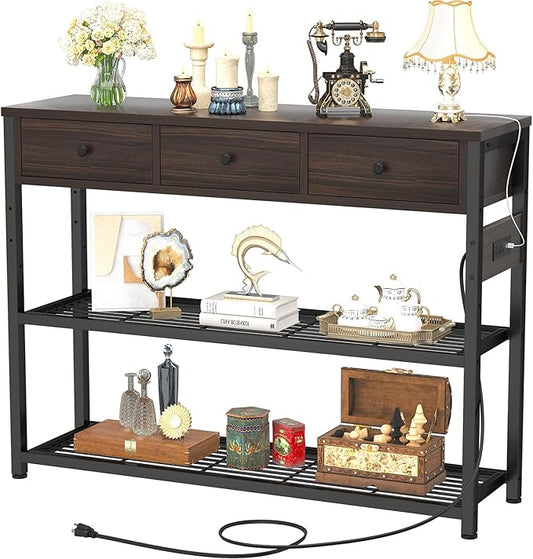 Ecoprsio 47'' Entryway Table with Outlets and USB Ports, Console Table with 3 Drawers, Sofa Table Narrow Long with Storage Shelves for Living Room, Couch, Hallway, Foyer, Black Walnut Finish