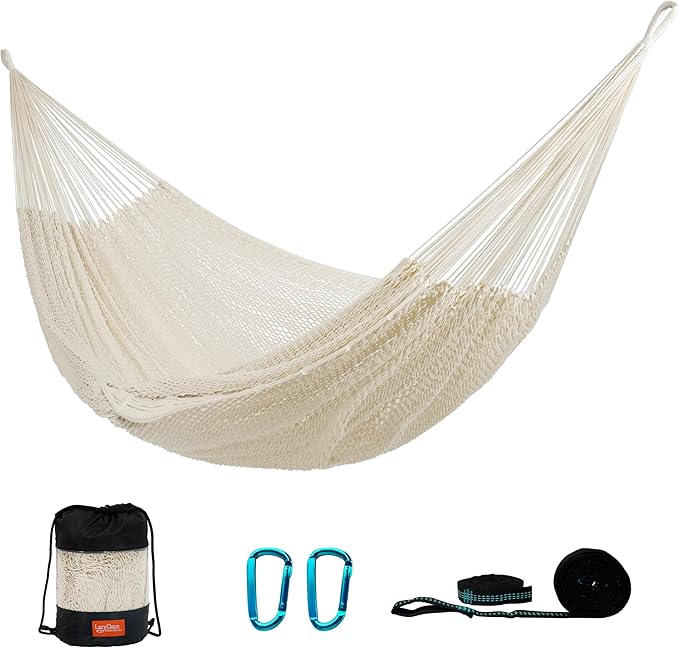 LazyDaze Hammocks Handwoven Outdoor Double Rope Mayan Hammock Bed, Tree Hammocks with Stand for Outside Patio Indoor Bedroom, hamacas para adultos, Beige