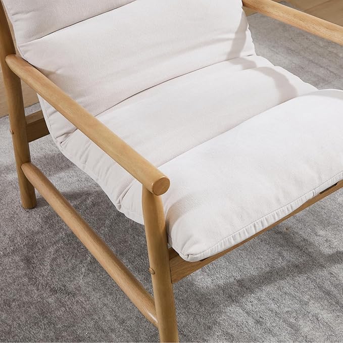 Modern Accent Chair Upholstered Armchair - Solid Wood Lounge Chair with Removable Cushion, Low Back Reading Chair for Living Room/Bedroom/Balcony, Chenille Sofa Chair (Easy Assembly)Off White