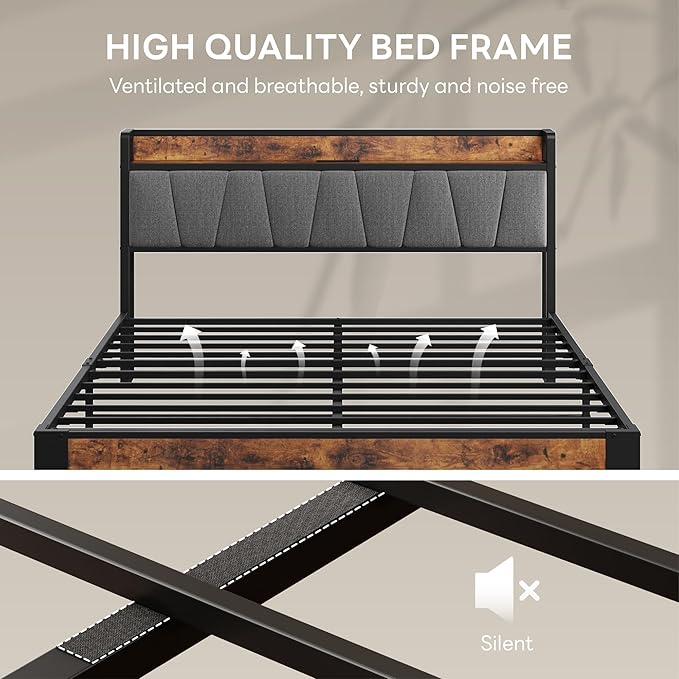 LIKIMIO Full XL Bed Frame, Storage Headboard with Charging Station, Solid and Stable, Noise Free, No Box Spring Needed, Easy Assembly