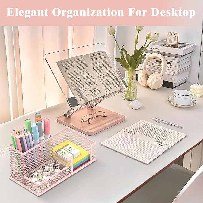 SUPEASY Mesh Pen Holder Desk Organizer, Office Supplies Pencil Storage with 3 Compartments, Office Desk Accessories and Workspace Organizers for Home School, Pink